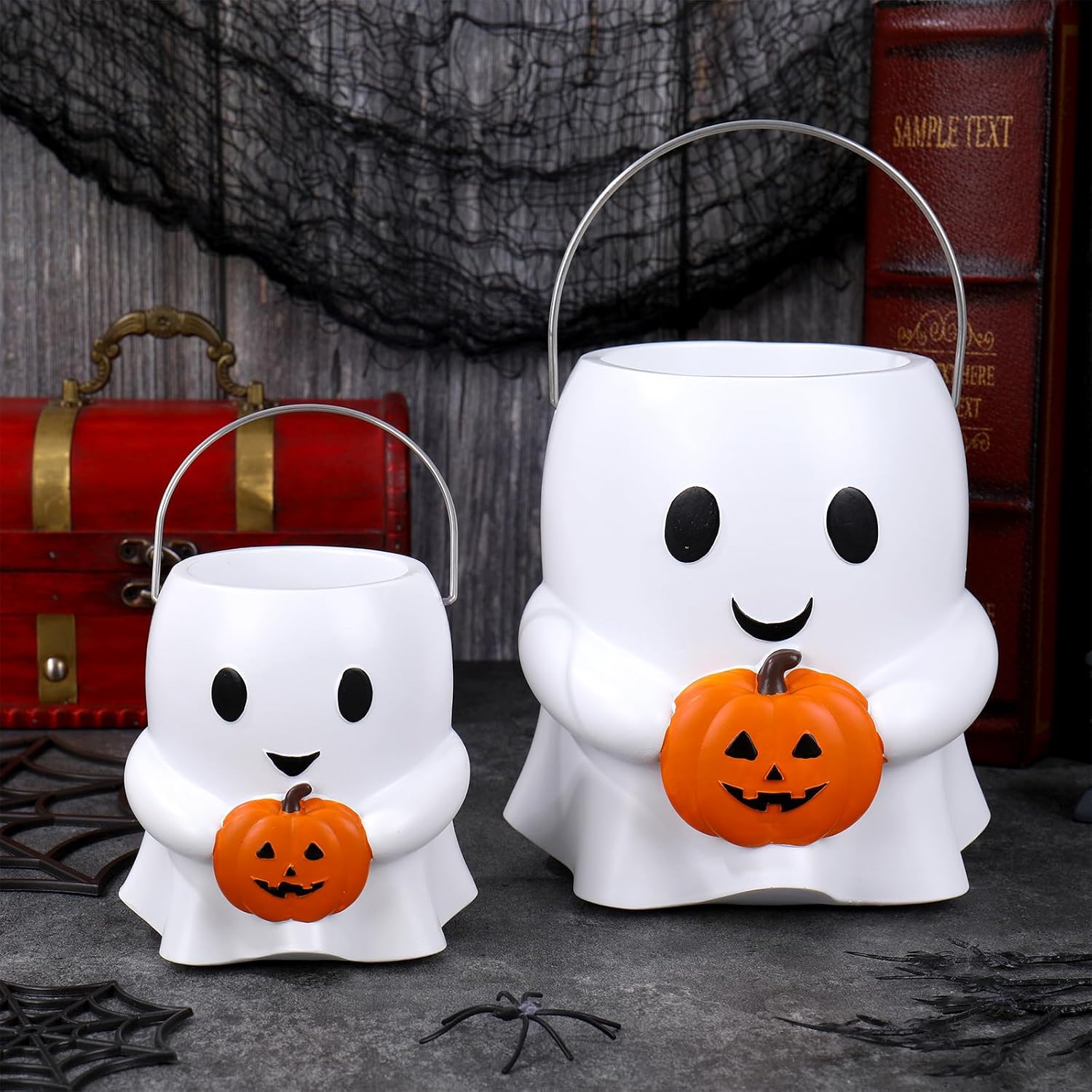 Whaline 2Pcs Halloween Ghost Planter Cute Ghost Pumpkin Bucket Small + Large Holiday Flower Vase for Indoor Outdoor Display Home Decor