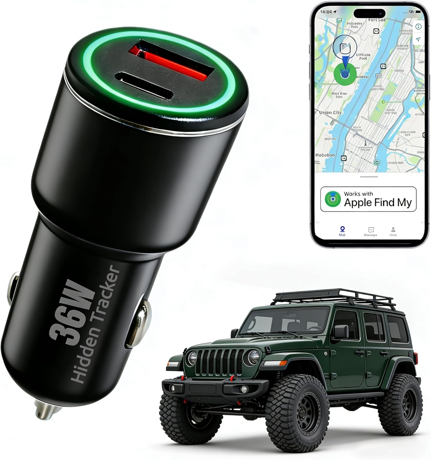 Hidden GPS Tracker for Vehicles (iOS Only) Disguised as Car Charger, No Subscription/Monthly/SIM/Battery Swaps, 2 Port Fast Charging, Compatible Apple Find My (3rd Gen GPS Tracker)