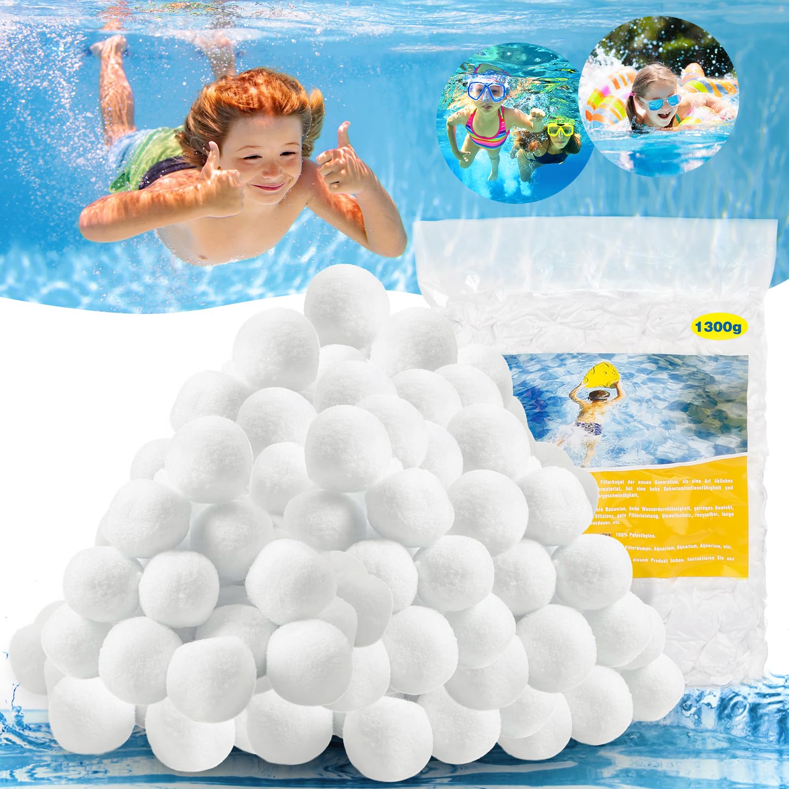Piłki filtrujące do basenu, 1300 g, zastępuje 45 kg piasku filtrującego, piasek kwarcowy, kulki filtrujące do basenów, do filtrów piaskowych, do akwarium