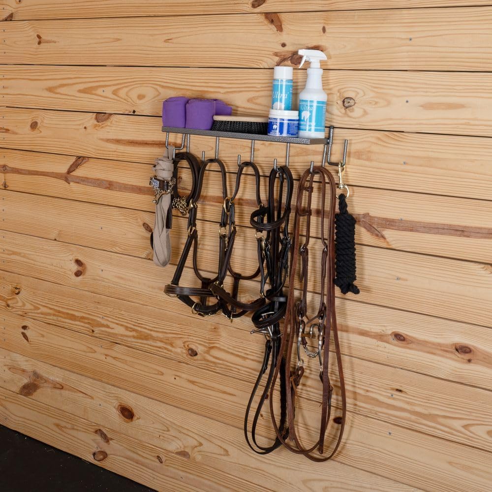 Schneiders Easy-Up Pro 22" Shelf with Tack Hooks for Tack Rooms and Horse Shows | Portable or Mounted Storage Solution | Durable Steel Construction | Color Gray Armor
