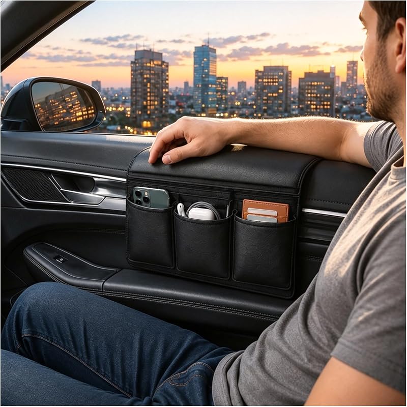 Organizador de apoio de braço para janela do carro Purthog em material semelhante a couro – 24,51 x 17,98 x 8,38 cm