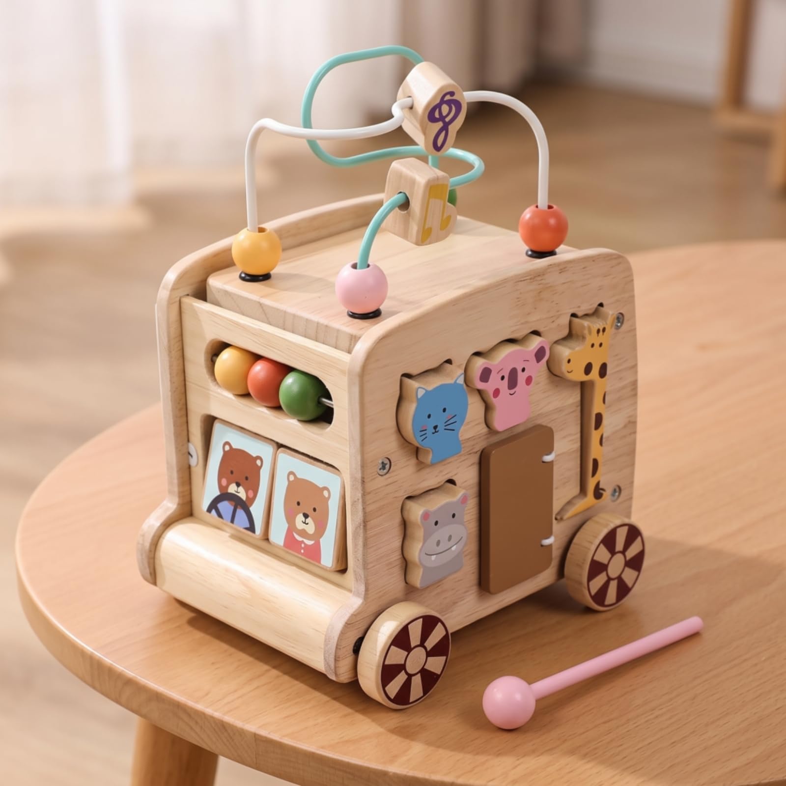 Bus Iniziare a Camminare con Percorso a Ostacoli Multifunzione Gioco Iniziare a Camminare in Legno Didattico Giocattolo, Verde, Multifunzionale Autobus Giocattolo