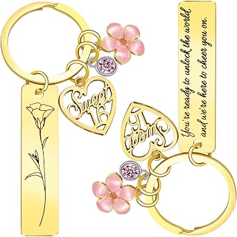 Sweet Sixteen Gifts for Girls - 16th Birthday - 16 Year Old Teen Girl Valentines Day Gifts from Mom Dad Grandpa Grandma Aunt, Double-Sided Engraved Stainless Steel Gold Keychain