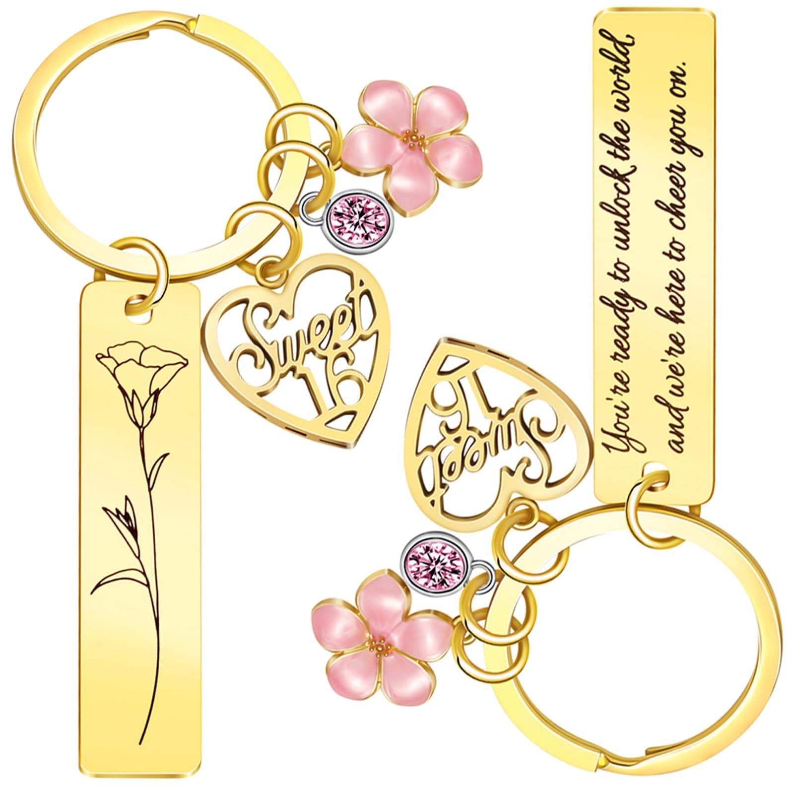 Sweet Sixteen Gifts for Girls - 16th Birthday - 16 Year Old Teen Girl Valentine's Day Gifts from Mom Dad Grandpa Grandma Aunt, Double-Sided Engraved Stainless Steel Gold Keychain