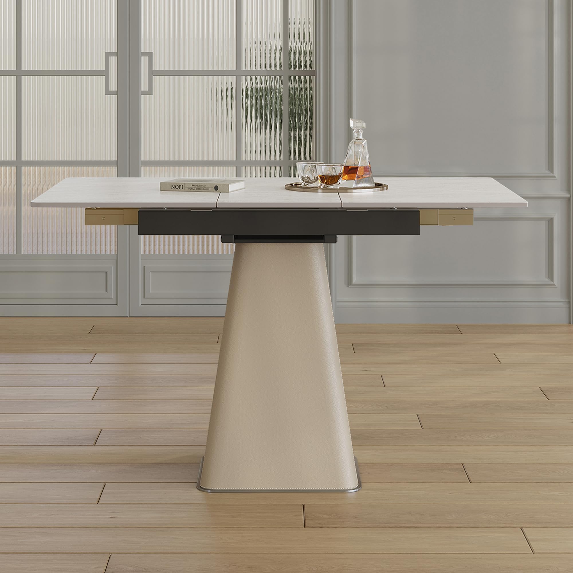 KEIKI 35.4"-47.2" Extendable Rock Slab Folding Dining Table, Expandable Kitchen Table for 4–6, Dual-Purpose Space-Saving Rectangular Table with Trapezoid Leather-Wrapped Stainless Steel Base, White