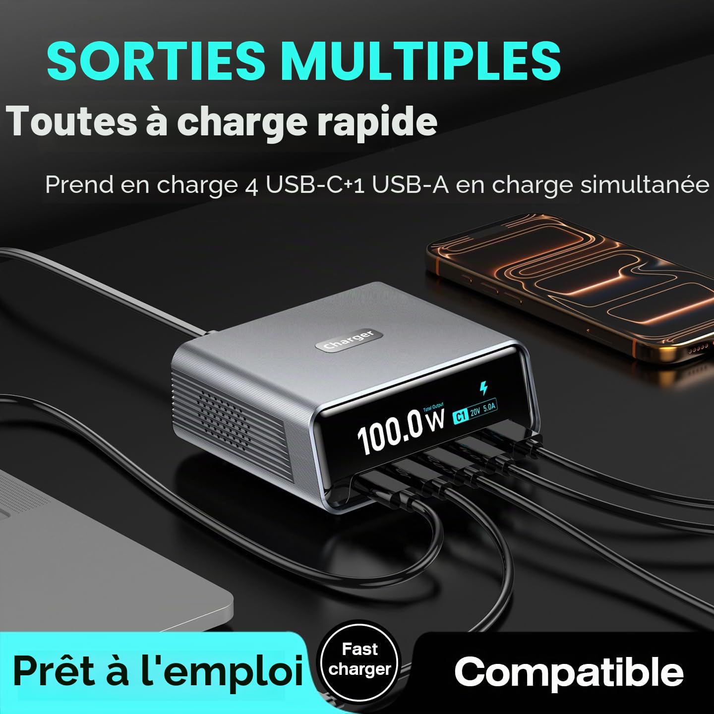 Station de charge de bureau intelligente, station de charge USB C GaN3 100 W, ultra-rapide à 5 ports, USB C avec PD3.0 de 100 W, QC3.0, écran LCD de 2,25" et cadran de contrôle intelligent