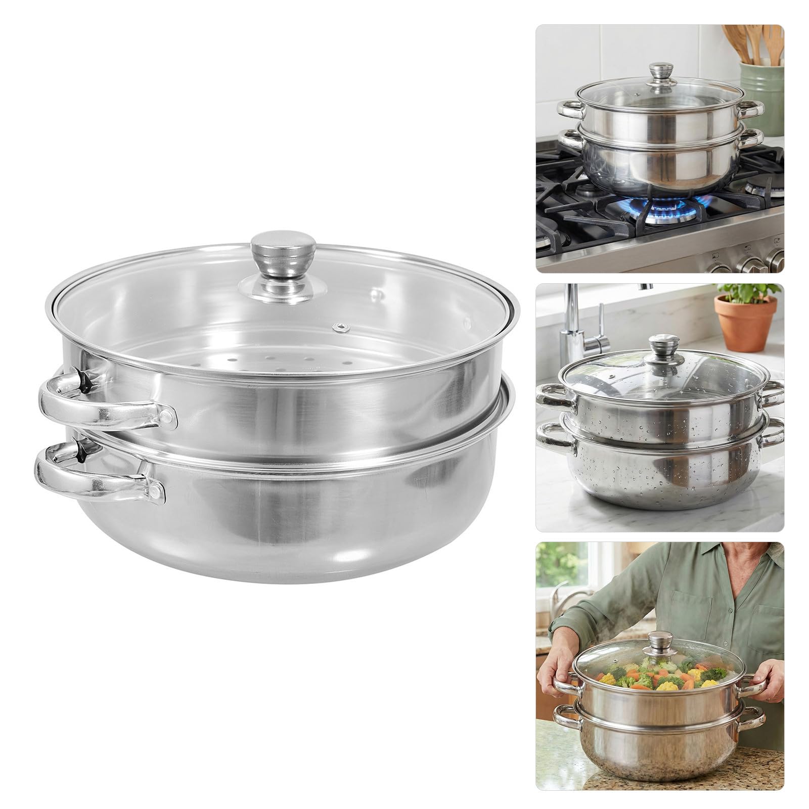 Genérico Olla Vaporera de Acero Inoxidable de Doble Capa con Asas Ergonómicas para Cocinar al Vapor Mariscos y Verduras en Cocina Doméstica
