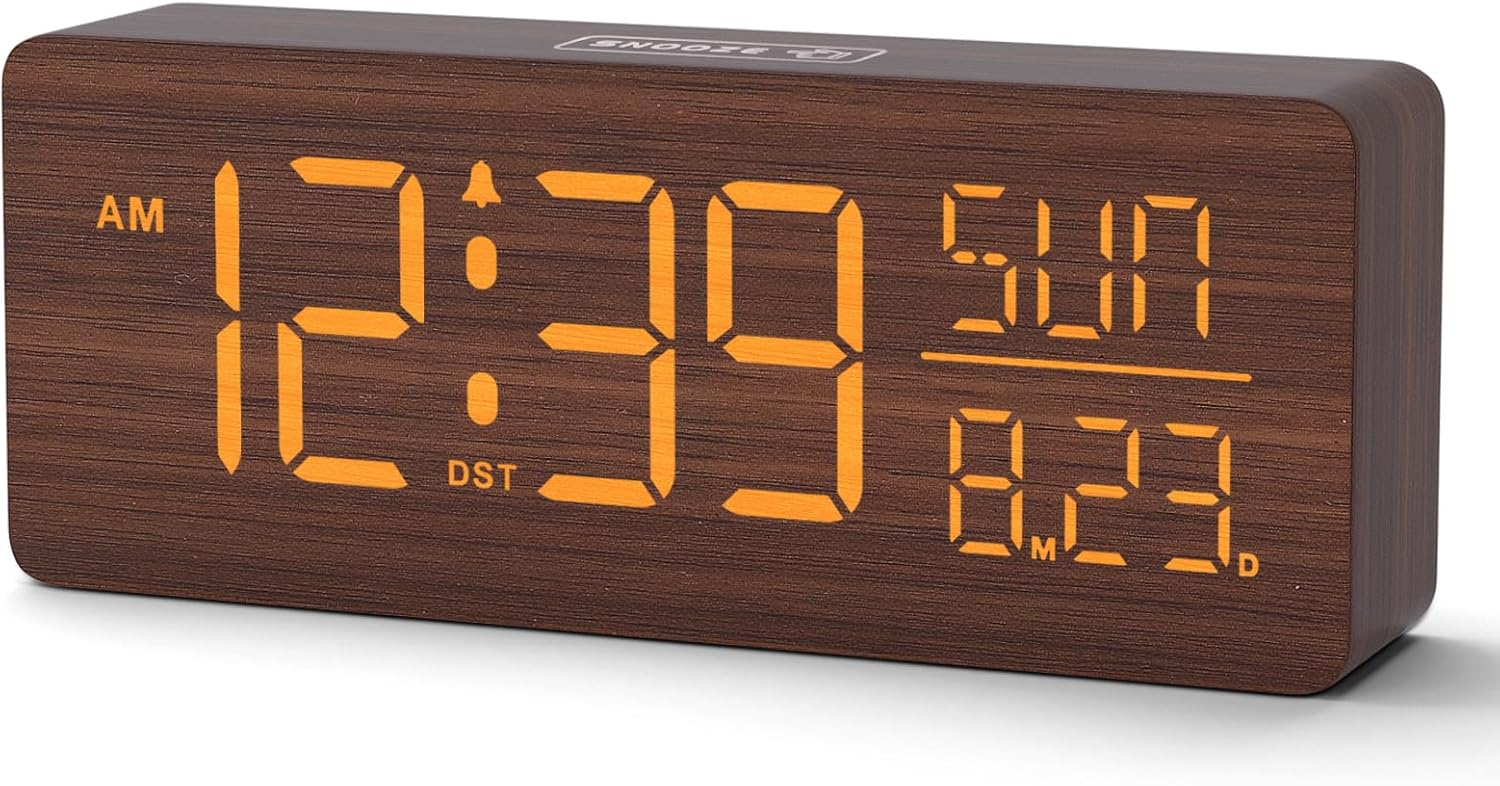 Peakeep Wooden Digital Alarm Clock Large Display, Textured Desk Table Decoration for Bedroom, Living Room, Plug in Clock with Time Date Day, 5 Brightness, Auto DST