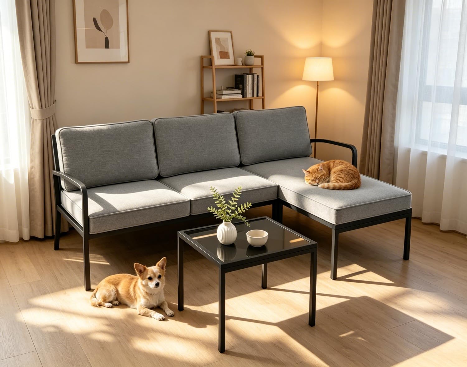 GOPLUS Sofa Cama 2 Plazas con Diván Individual y Mesa Negra,160cm (Gris)