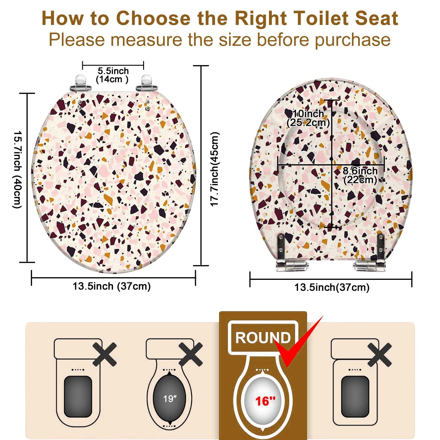 Asiento de inodoro redondo de resina con diseño de terrazo y bisagras de