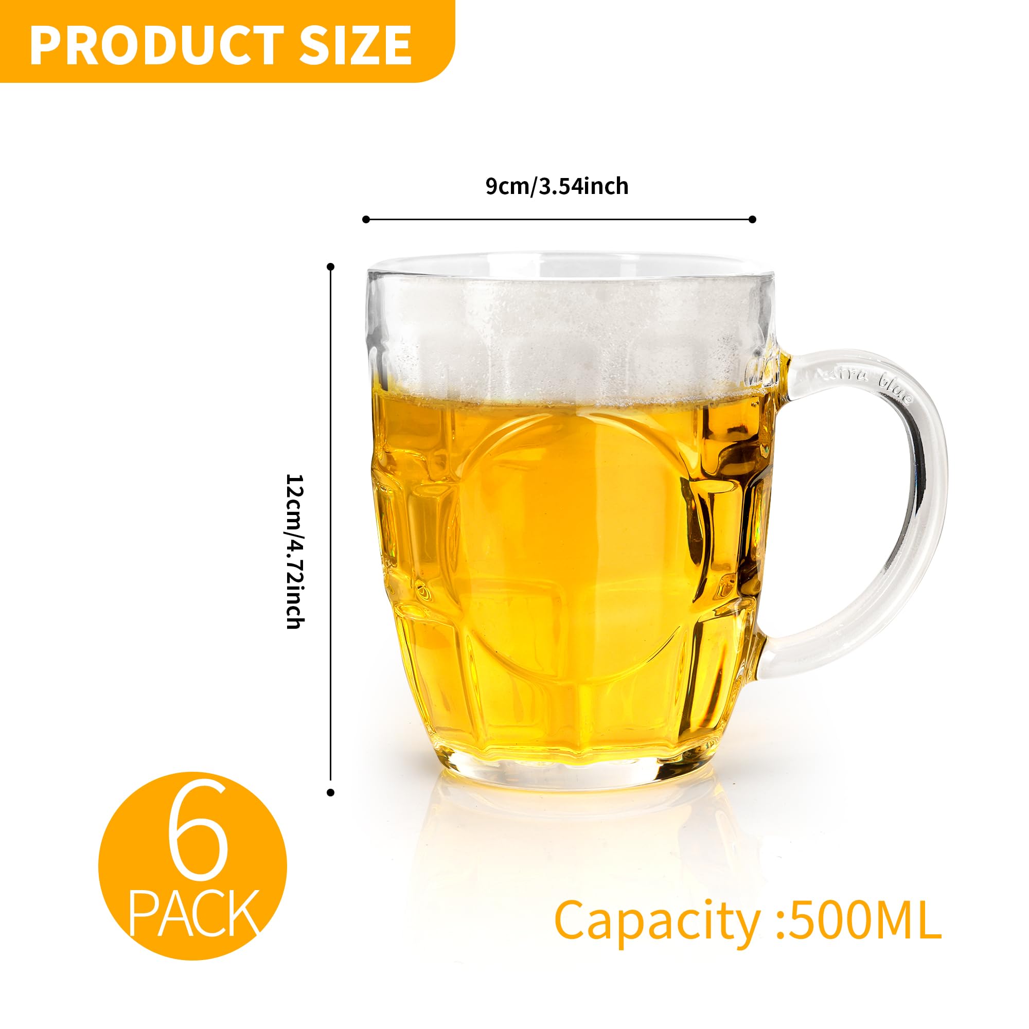 Lot de 6 tasses à bière en verre de 500 ml avec poignée | Tasse à bière pour congélateur, verres transparents pour bières, jus, boissons, thé, bar, maison