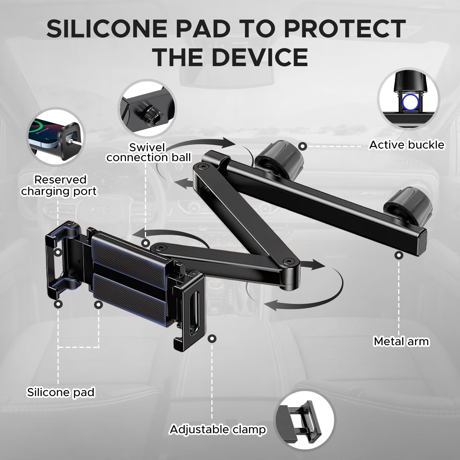 Soporte Tablet Coche, Reposacabezas, Brazo Metálico, Soporte de Tres Brazos Plegables, 360° Rotación, para iPad Pro, Air, Mini, Tab, Otros 4,7-16" Dispositivo