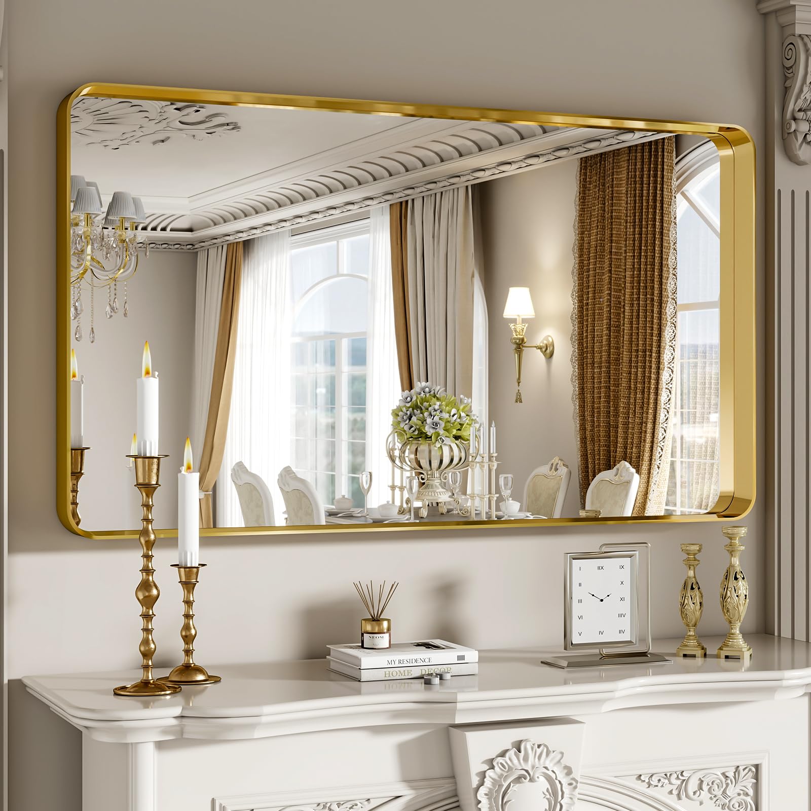 VETROVUE Gold Bathroom Mirror for Wall, 48"x30" Inch Rounded Rectangle Mirror with Metal Framed, Modern Vanity Mirrors for Bedroom, Living Room, Hanging or Leaning Horizontal or Vertical