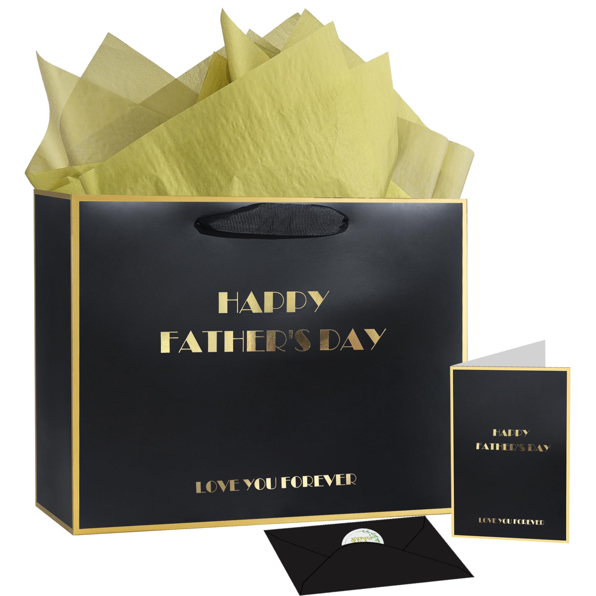 HAHZY Father's Day Gift Bag, Happy Father's Day Bag Set - Tissue Paper, Greeting Card, Sticker, Envelop, 12.6" Medium Dad's Day Gift Bag for Party,