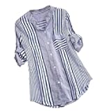 Ceboyel Women Striped Button Down Shirts Roll Up Sleeve Blouse Collared Summer Tunic Tops Ladies Beach Outfits with Pockets
