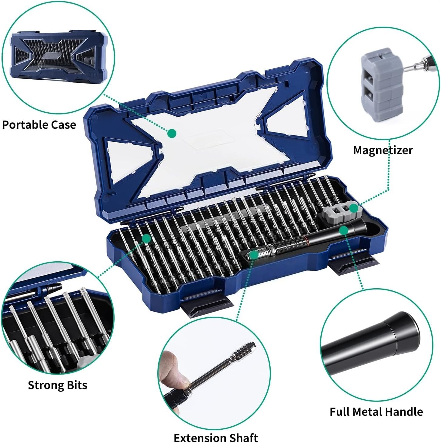 Juego de destornilladores de precisión premium ergonómicos con 55 puntas magnéticas de alta resistencia para relojes de ordenador, joyeros y otras pequeñas reparaciones electrónicas