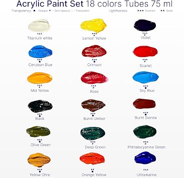 Acrylic Paint Set 18 Colors, 75ml/2.5oz Tubes | Rich Pigments & Smooth Blending