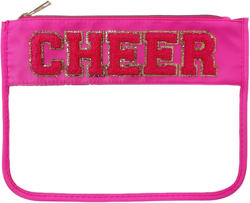 Necessaire plana transparente cqoogrlx com zíper e patch de letras Cheer-hot pink