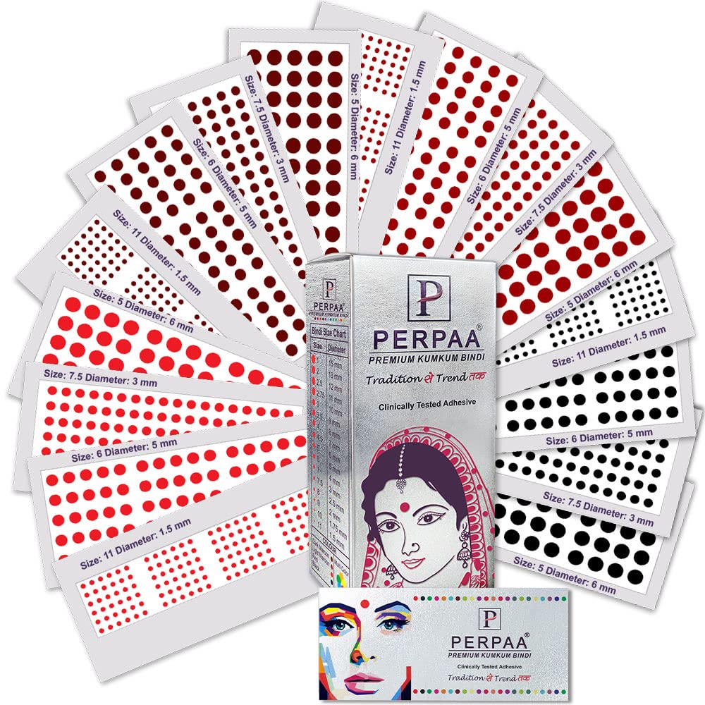 PERPAA Premium Velvet Sticker Kumkum Bindi for Women,Ladies -Bindi Box of 16 Flaps Multicolor,Different Size (Size - 05-6mm,06-5mm,7.5-3mm, 11-1.5mm, Red,Black,Dark Maroon,Light Maroon)