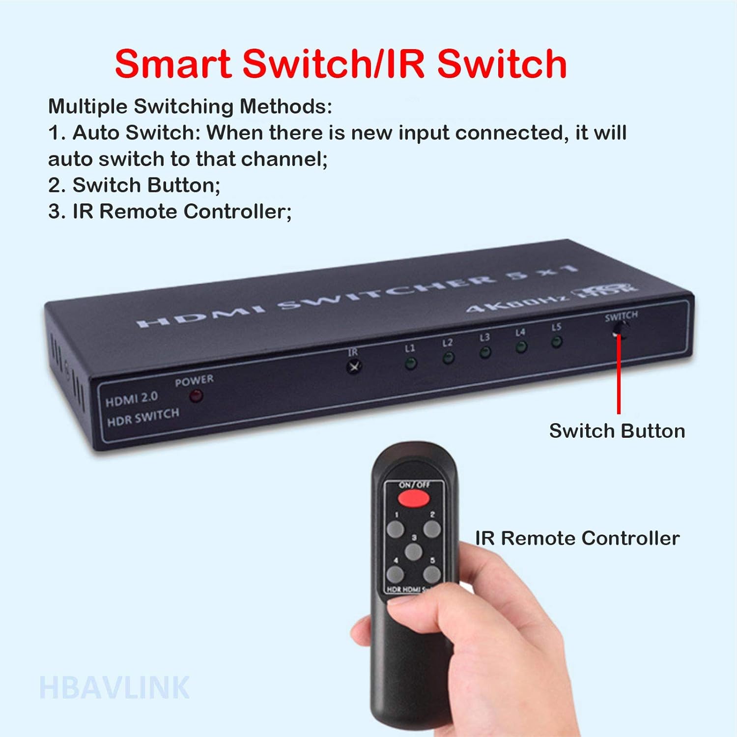 HDMI Switch Box 5 in 1 Out- HBAVLINK 5 Port HDMI Switcher with Remote Video Switch Selector Hub for TV, Support HDMI 2.0 4K 60Hz 1080P 720P ARC CEC HDCP HDR for Roku Apple TV PS4 Xbox Blu ray Player : Electronics