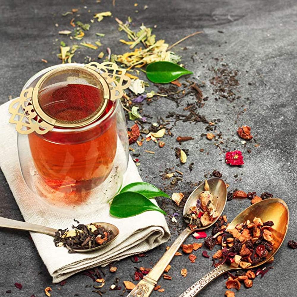 3 Pieces Gold Empress Tea Strainers with Drip Bowls, Mesh Tea Infuser Stainless Steel Loose Leaf Tea Filter with Elegant Double Winged Handles for Better Tea Experience