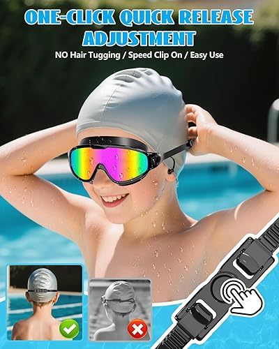 Miniatura 5 de Aegend Paquete de 2 gafas de natación de visión amplia, antivaho, UV, sin fugas, con tapones para los oídos para niños de 3 a 14 años