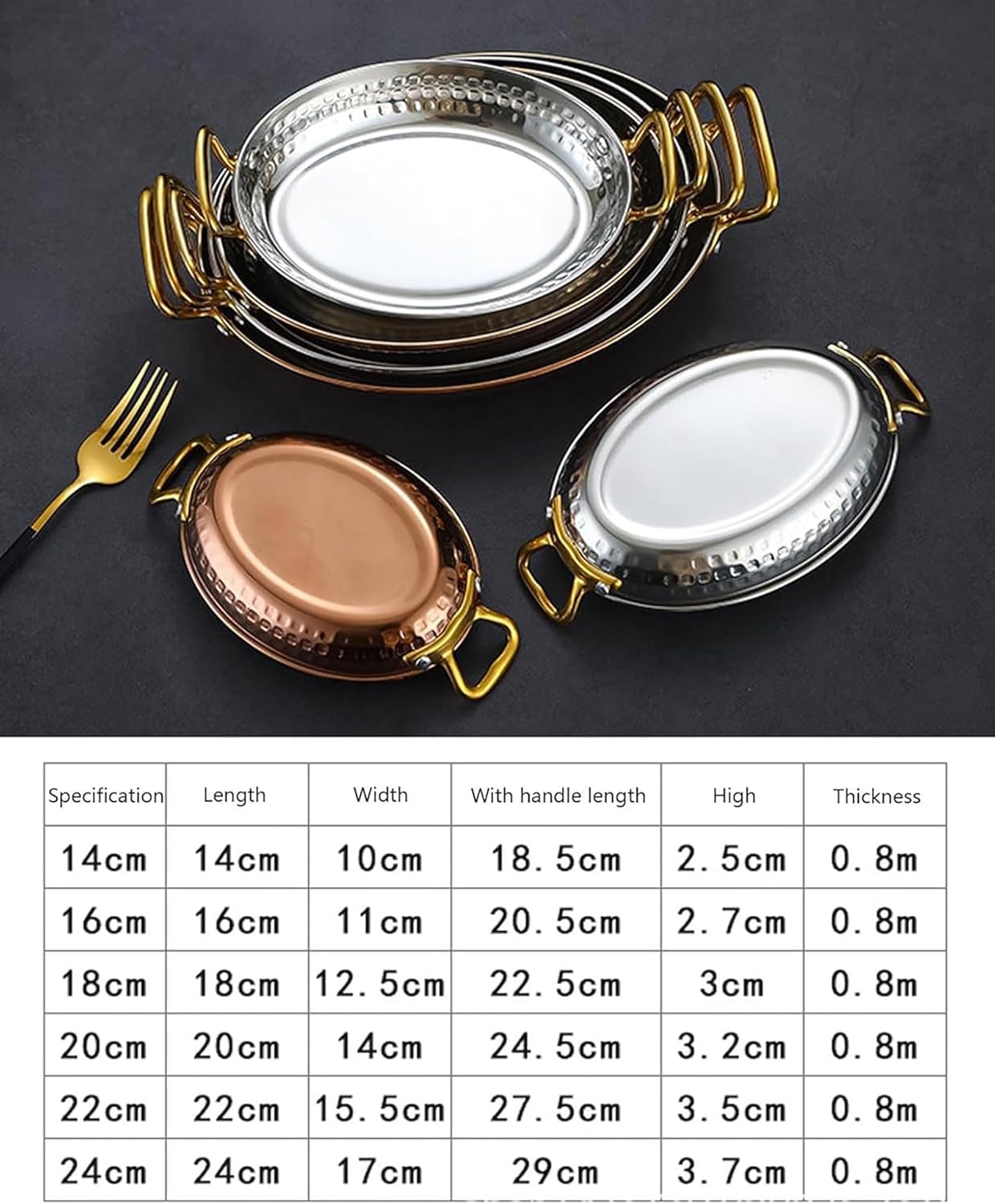 Oval Spanish Paella Pan, Nonstick Stainless Steel Skillet,304 Stainless Steel Non Stick Uncoated Saucepan Soup Hot Pot Stockpot with Double Metal Handle for Homes Or Restaurants,Gold,24CM