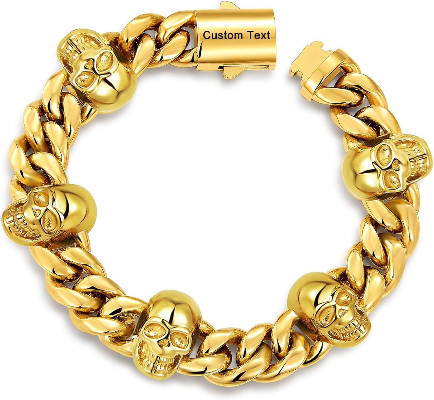TUNGSTORY Men's Cuban Link Bracelet - 18K Gold Filled 12mm Stainless Steel Skull Chain Bracelet, Secure Box Clasp, Hypoallergenic, Water Resistant, Non Tarnish, All-Day Comfort Wear Hip Hop Gift, 8IN
