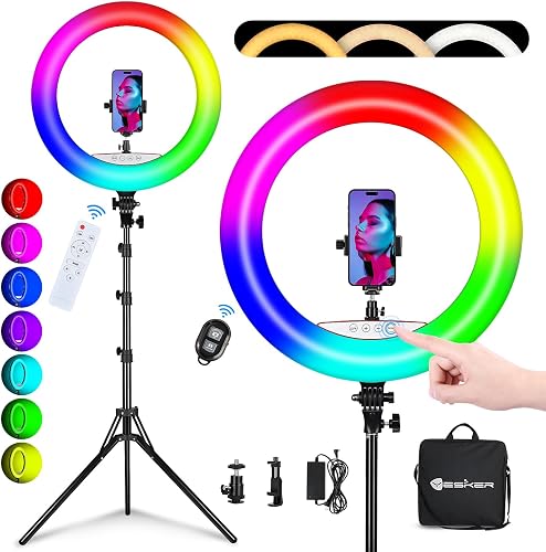 Yesker Ring Light with Tripod Stand and Phone Holder 18 Inch RGB Ringlight 25 RGB Modes Bi-Color Adjustable 2700โ7000K LED Selfie Halo Light Kit for Live Stream Photography Zoom Makeup Youtobe Tiktok