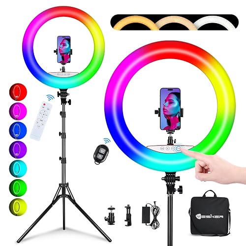Yesker Ring Light with Tripod Stand and Phone Holder 18 Inch RGB Ringlight 25 RGB Modes Bi-Color Adjustable 2700–7000K LED Selfie Halo Light Kit for Live Stream Photography Zoom Makeup Youtobe Tiktok - 18" RGB Ring Light