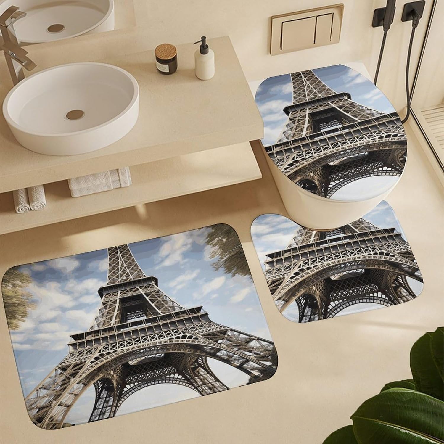 Eiffel Tower French Paris Monument 4Pcs Shower Curtain Set with Non-Slip Rugs, Toilet Lid Cover and Bath Mat,Bathroom Set Decor Accessories,Curtain Set with 12 Hooks, 72 X 72 Inch