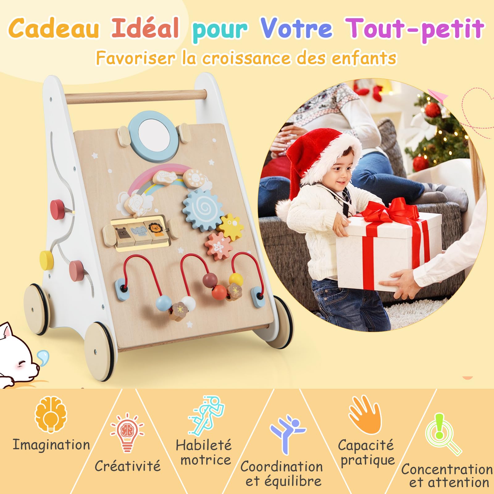 COSTWAY Chariot de Marche Bébé en Bois avec 7 Activités Interactives | Boîte de Rangement Arrière, 4 Roues avec Caoutchouc, 3 Blocs, Jouet Sensoriel, Trotteur Montessori Bébé 12+ Mois