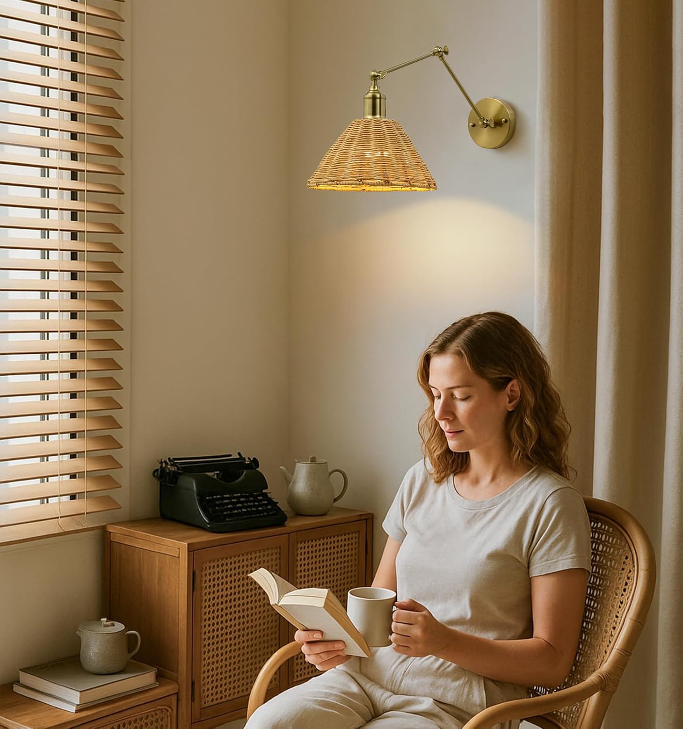Battery Operated Wall Sconce 2 Pack, Gold Simple Rattan Wall Sconce, Adjustable Brightness, Modern Furniture Decorative Lighting for Kitchen Island, Living Room, Bedroom