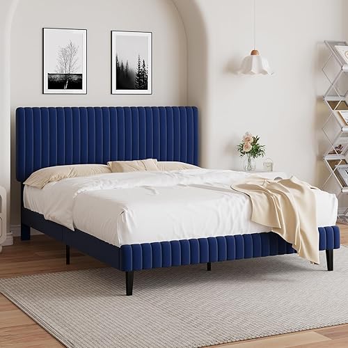 Miniatura 3 de BarnFurin Base de cama tamaño Queen con cabecera ajustable, plataforma tapizada de terciopelo con diseño capitoné de canal vertical, no requiere