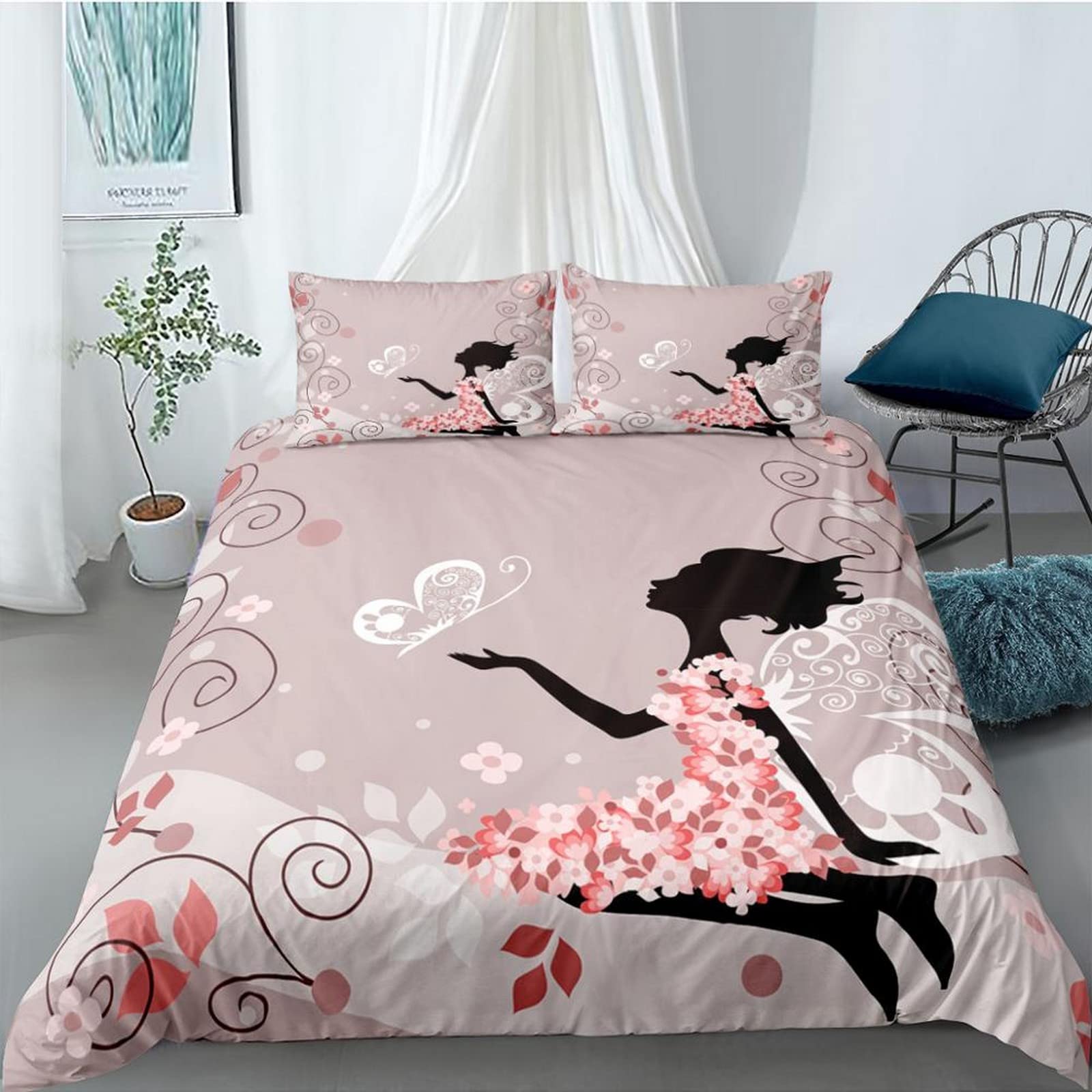 3D Stampato Ragazza Di Fiori Farfalla Cartoon Bedding Sets Universal Ultra Soft Down Duvets Cover Con Zip Pillowcase Home Cosy 3-Piece Bedding Set Duvet Cover King 240X220 Cm