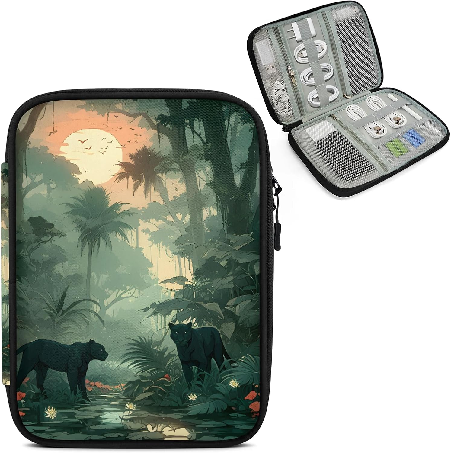 Jungle Black Panther Travel Electronic Organizer Case, Slim Cable Management Bag for Game Console & Accessories, Portable Double Zipper Pouch with Mesh Pockets & Elastic Straps