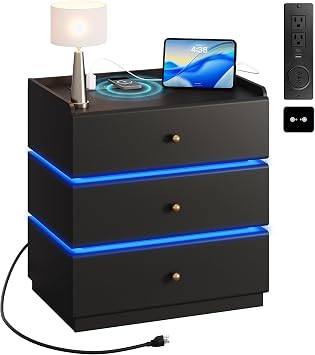WLIVE Black Nightstand with Charging Station, 3 Drawers Nightstand with LED