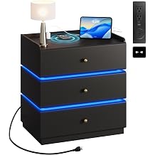 WLIVE Black Nightstand with Charging Station, 3 Drawers Nightstand with LED