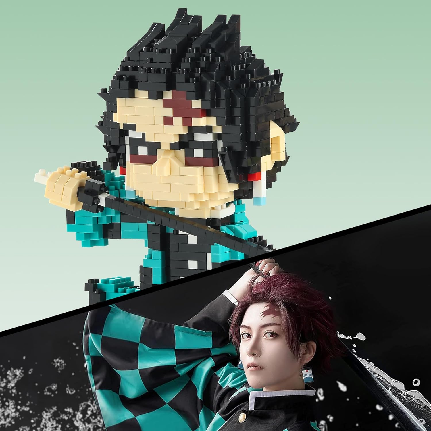 MACTANO Tanjiro Kamado micro mini building figure alongside a person in Tanjiro Kamado cosplay.