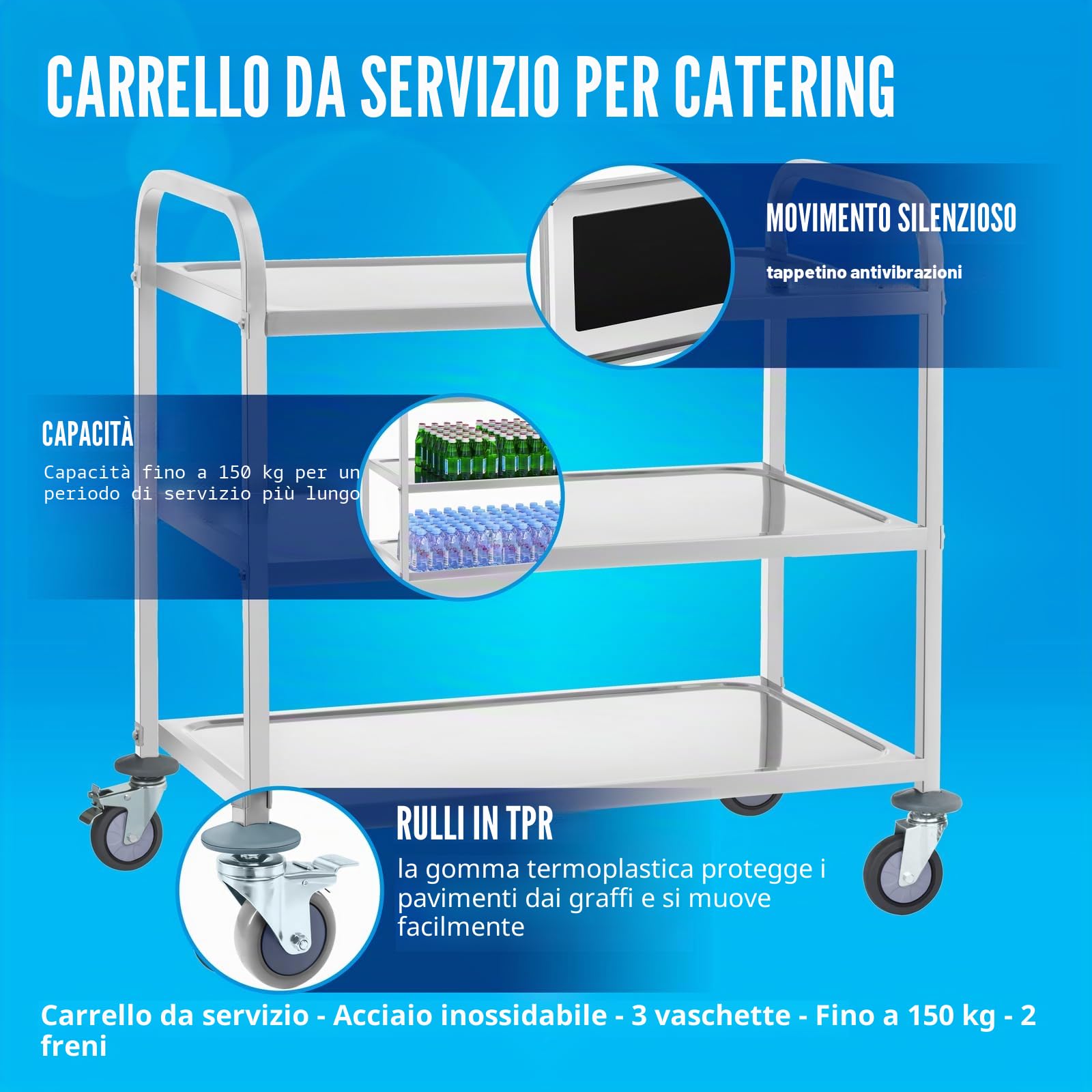 Royal Catering RCSW-6.2 Carrello Portavivande Carrello di Servizio Carrello Cucina (3 Ripiani, Distanza 28,5 cm, Capacità di carico 500 kg, Acciaio inox)
