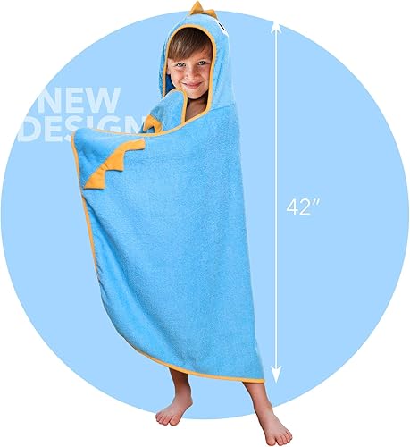 Toalla con capucha prémium para niños, diseño de dinosaurio azul y amarillo para niños, ultra suave y extragrande, tela de toalla 100% de algodón,