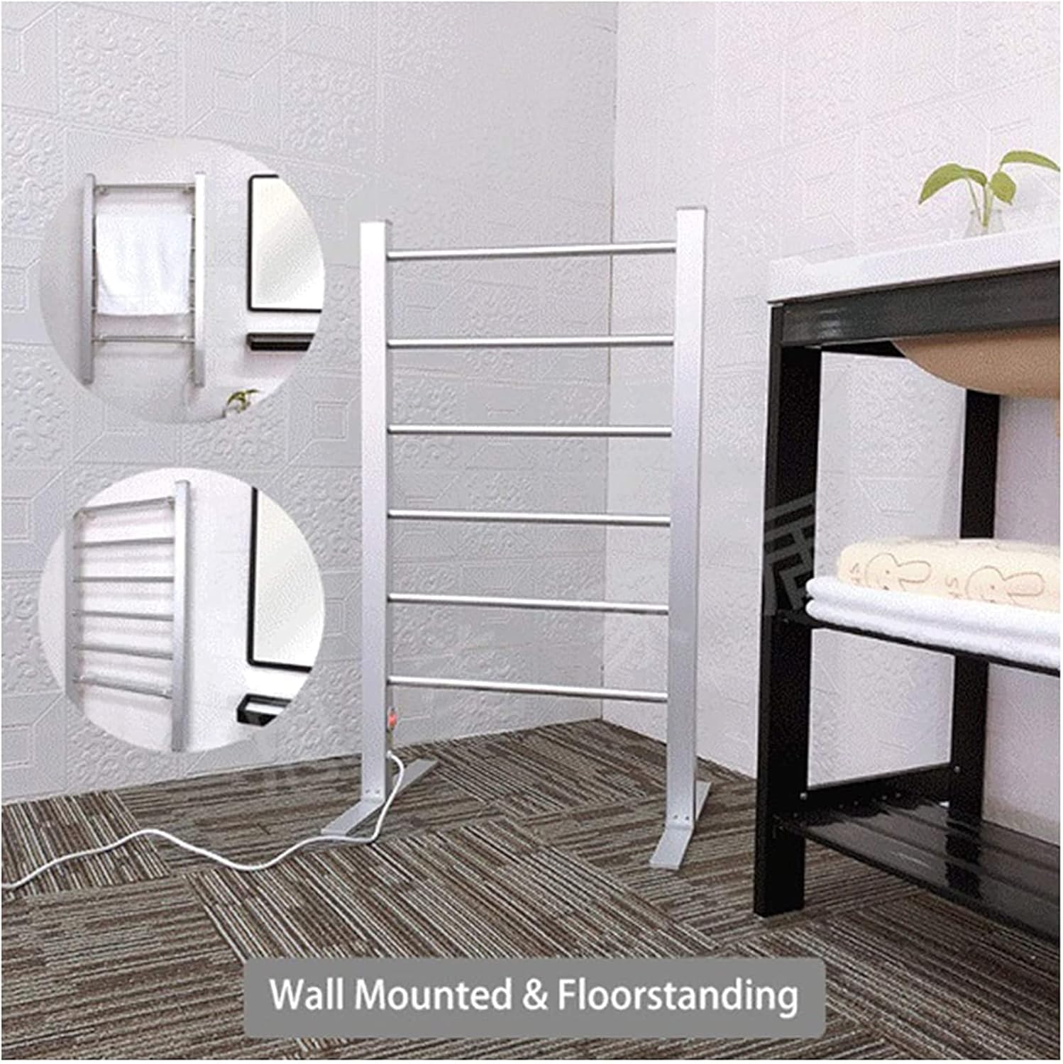 Towel Warmer, Wall Mounted ElectricTowel Stands with Switch, Electric HeatedTowel Warmer Rail Rack with 6 Bars, Floor-Standing Heating and Drying Rack ForTowels and BathTow(