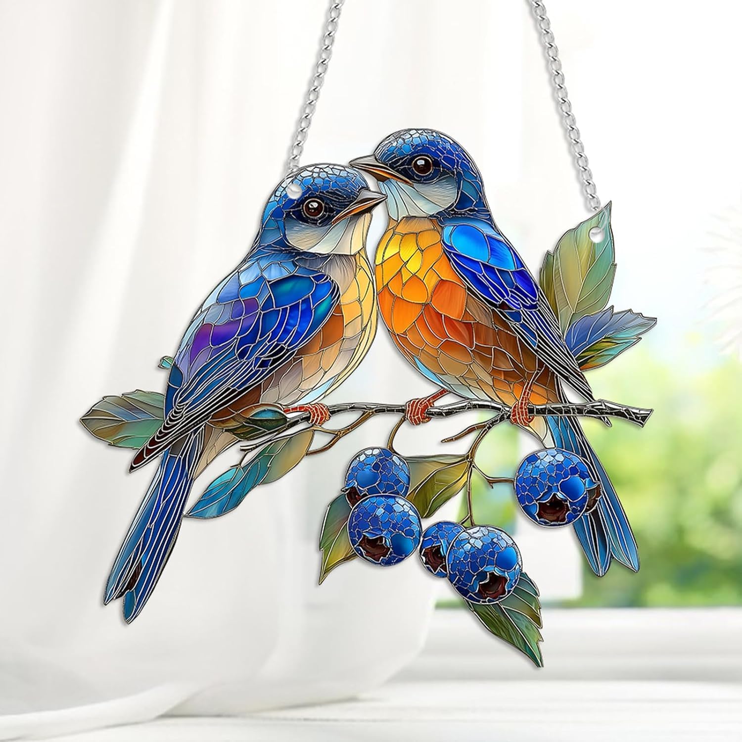 FAINCA Fensterdeko Hängend Vogel Buntglas Deko, 20 * 18.6 cm Acryl Fensterdekoration Hängedeko, mit Kette Fensterdeko Glas Hängend Vögel für Fenster Zuhause, Studio, Restaurant Baby