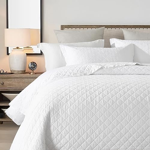 Miniatura 2 de SahSahCasa Juego de edredón tamaño King, juego de ropa de cama 100% algodón, costuras con patrón de diamante, color sólido, elegante, ligero,