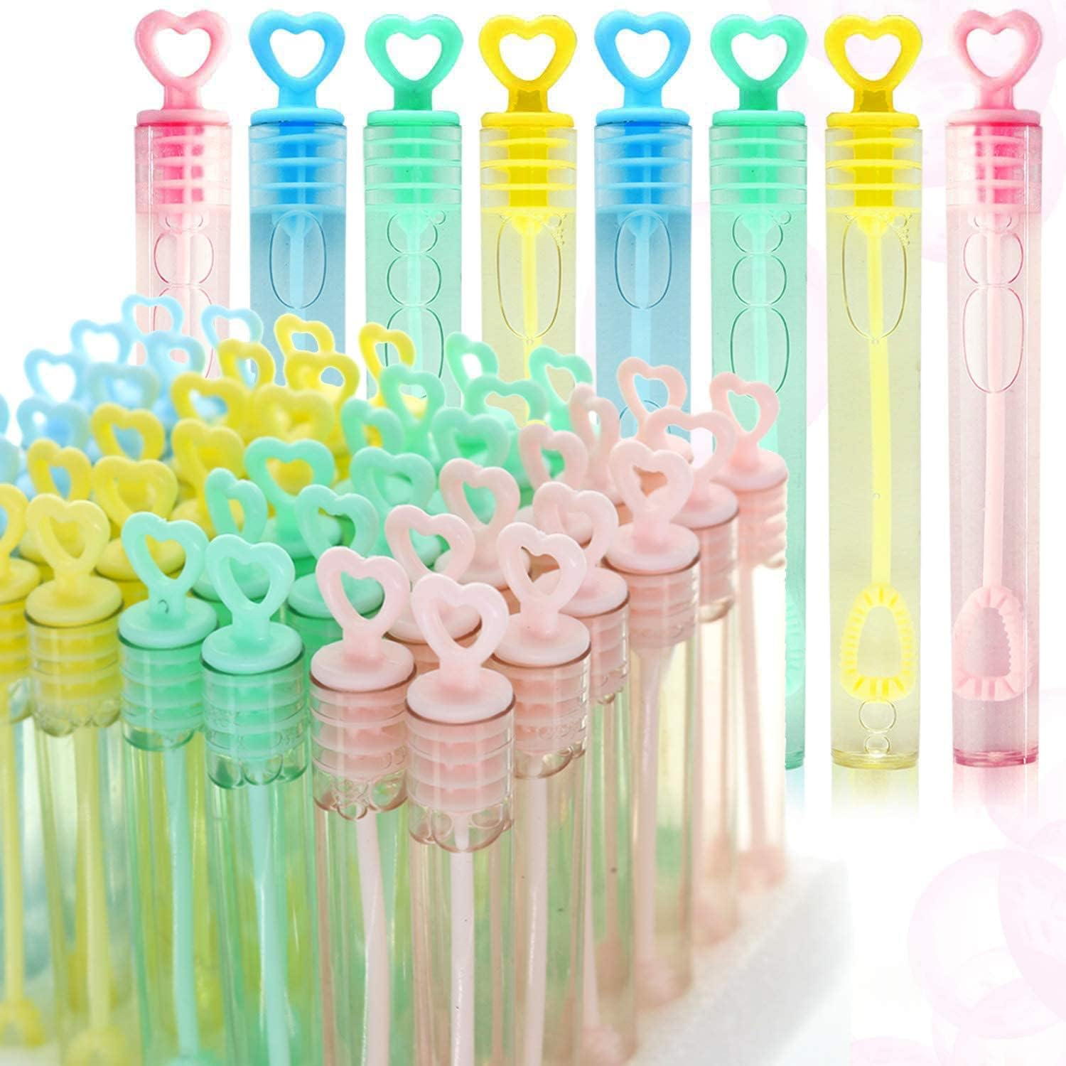 GIFTEXPRESS Valentine's Day Heart Shape Mini Bubble Wands for Kids - 32 Pack 4.25" Tall Assorted Pastel Color Heart Bubble Sticks - 5 mL Tube Non Toxic Bubbles Solution for Party Goodies Favors