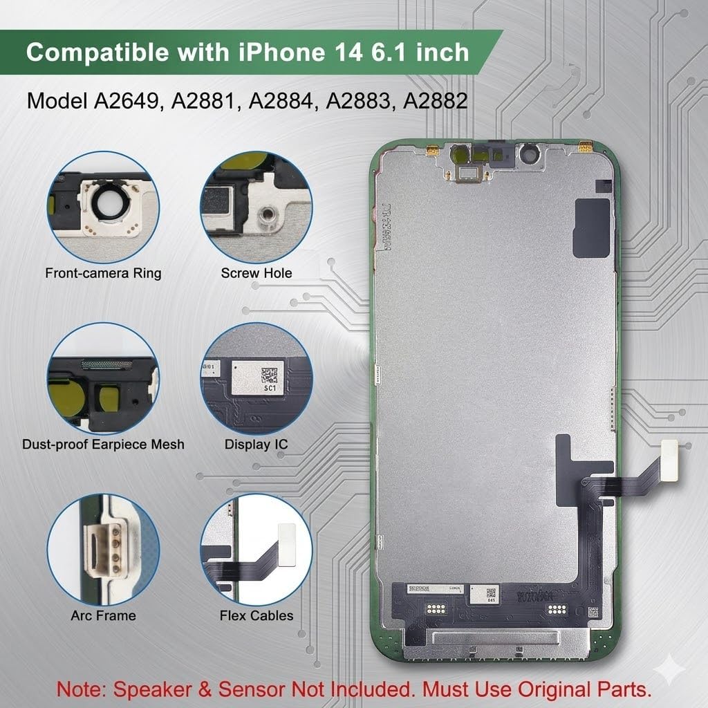 for iPhone 14 Screen Replacement 6.1 Inch, 3D Touch LCD Display Full HD Repair kit Digitizer Assembly A2649, A2881, A2884, A2883, A2882, with Repair Tools Kit+Waterproof Frame Sticker+Tempered Glass