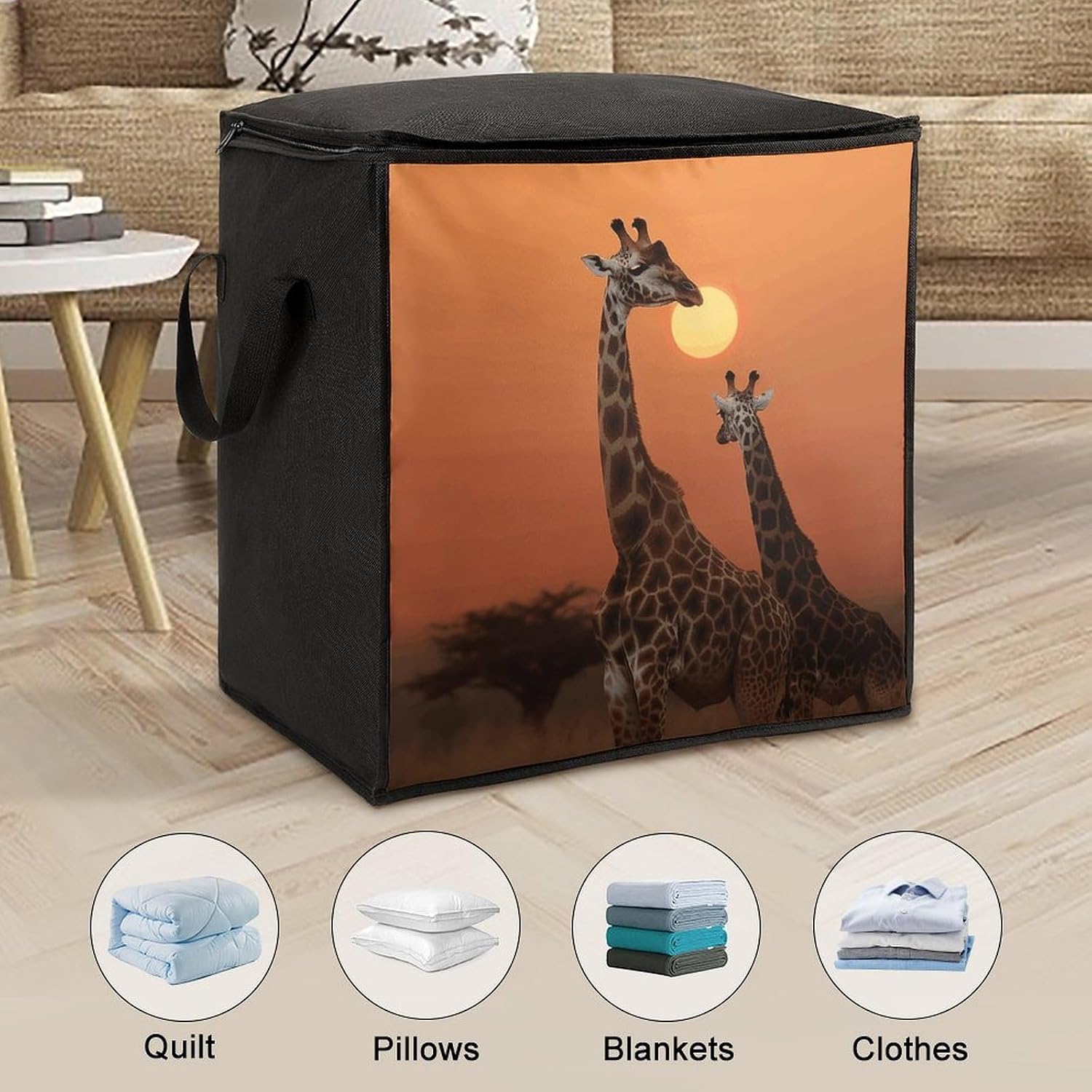 Giraffe at Sunset Storage Bag with Zippers And Handle Extra Large Bedding Comforter Storage Bag Foldable Blanket Storage Bags Fabric Moving Bags for Closet Organizer (70L)