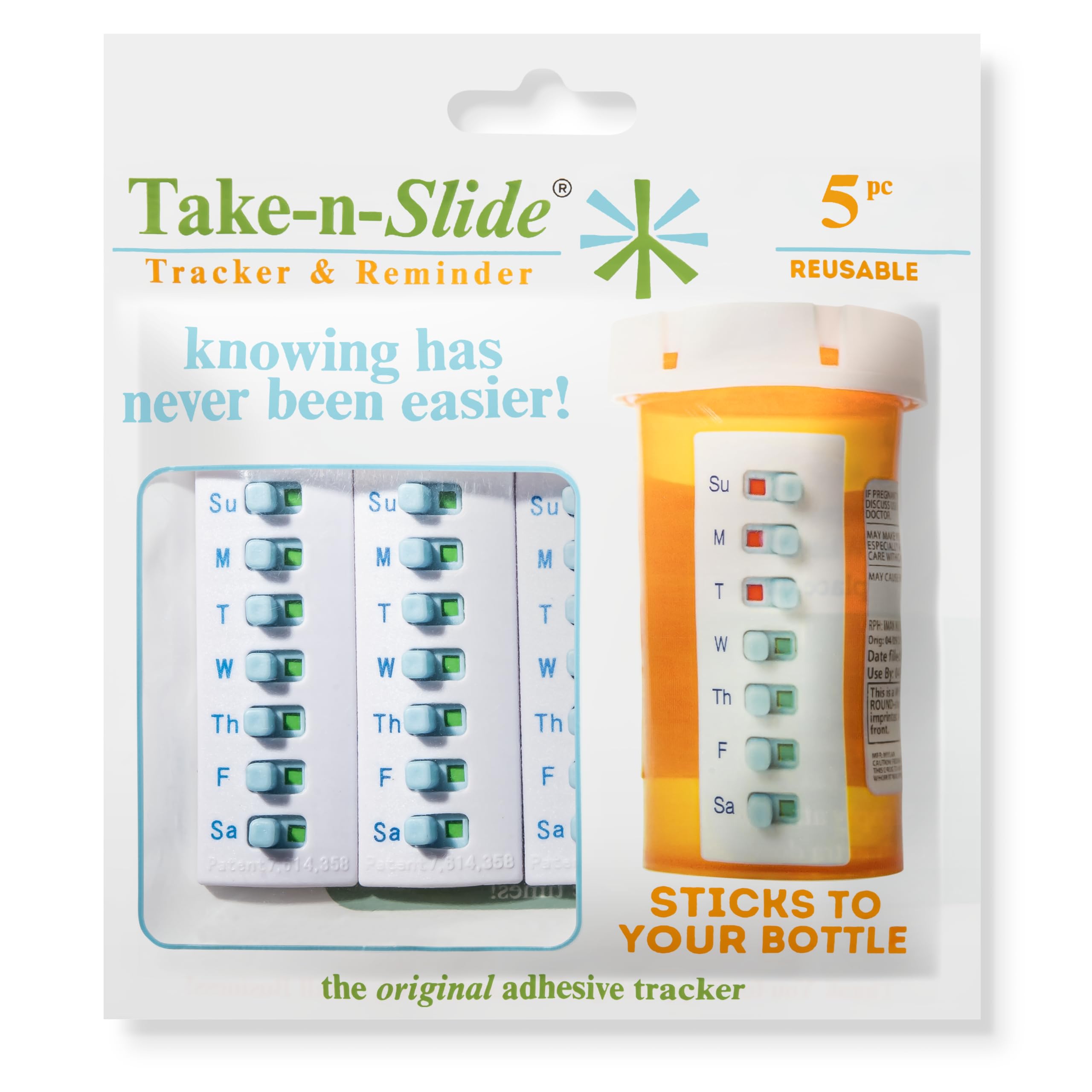 Take-n-Slide - Paquete de 5 rastreadores de medicamentos y recordatorios, reutilizables para despegar y pegar, se adhieren a tu botella, medicamentos para 7 días, vitaminas, mascotas, organizador de