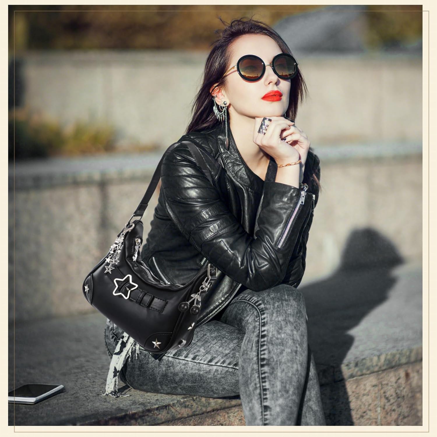 Abbylike Women Cute Vintage Shoulder Bag with Goth Chains Buckle Punk Trendy Purse Clutch Handbag for Girls - Image 2