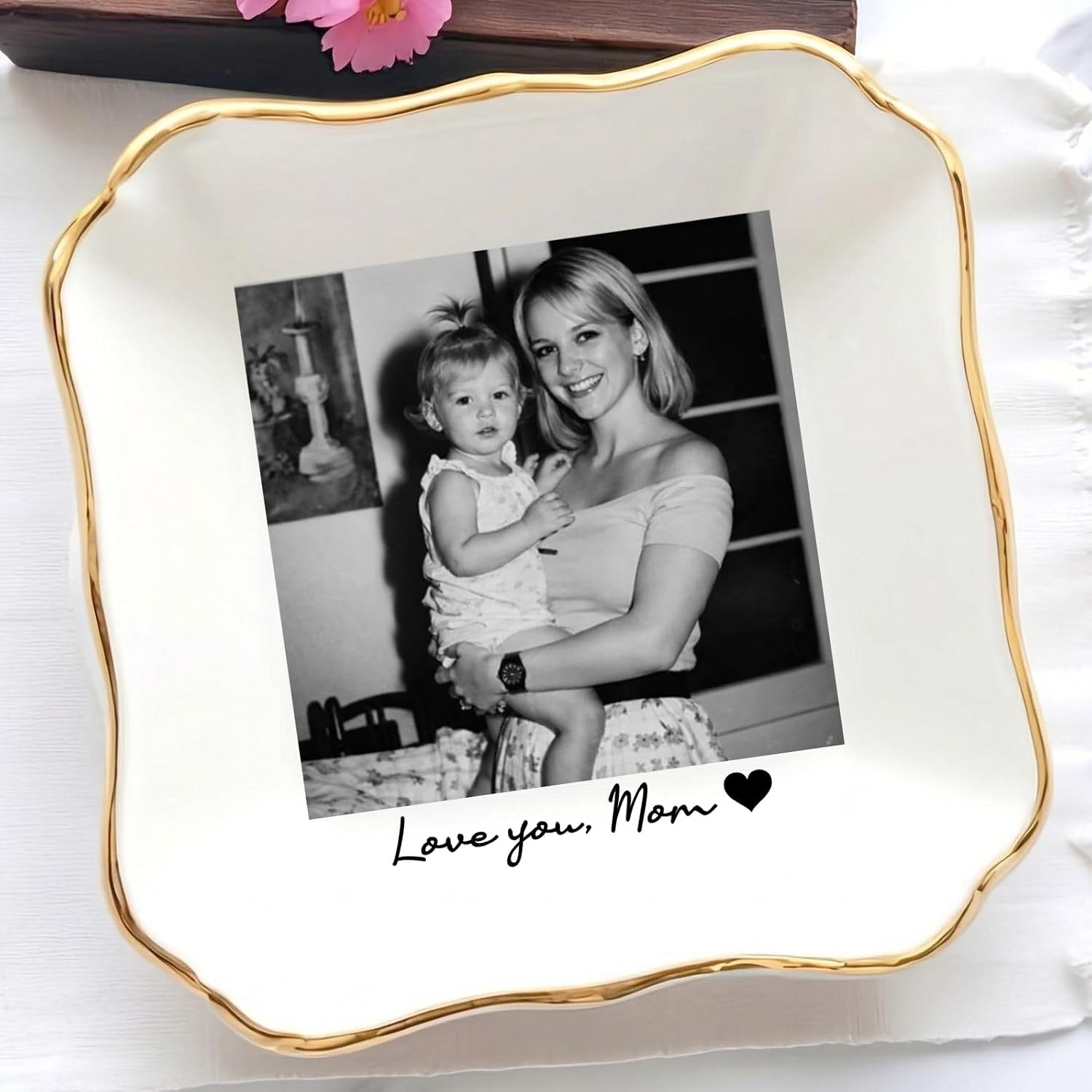 Personalized Mom Photo Jewelry Dish, Ceramic Custm Picture Trinket Tray for Mom Grandma, Mother of Bride Thank You Gift from Daughter, Ring Dish Gift for Birthday Mothers Day
